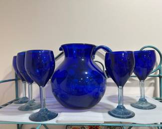 COBALT BLUE GLASS PITCHER AND  Vintage Mexican Cobalt Blue Hand Blown Wine Glasses