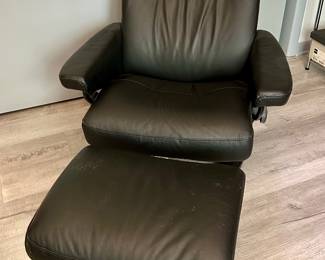 Black Leather Ekornes Stressless Recliner and Ottoman