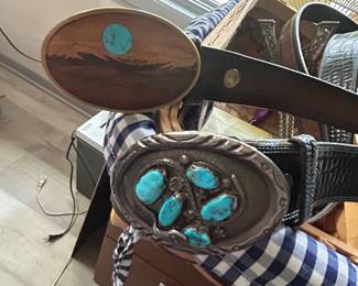 Vintage Zuni Sterling Silver & Turquoise Belt Buckle by Viola Calavaza featuring her signature hand-carved serpent motif
