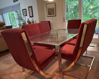 Hollywood Regency style dining set in the style of Milo Baughman for DIA with a glass-top table and 8 burgundy velvet cantilever "Z" chairs