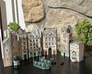 Vintage collection  of J. Carlton / Gault Paris handcrafted ceramic miniature buildings and street accessories depicting Parisian street scenes