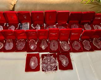 Waterford Crystal Christmas ornaments, primarily featuring pieces from the iconic "12 Days of Christmas" 