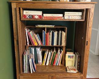 Entertainment center, cookie jars, cookbooks
