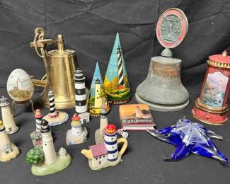 OM365Vintage Nautical Brass Bells, Lighthouse Figurines  Glass Art