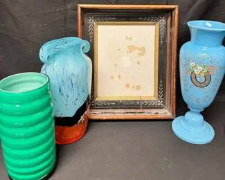 OM388Blue Bristol Glass, Ribbed Green Vase, Blown Glass  Frame