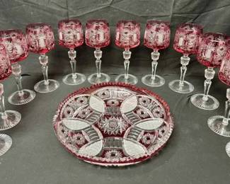 OM133VVintage Moser Bohemian Ruby Red Cut To Clear Crystal Wine Hock Glasses And Platter