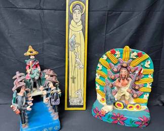 OM215Handcrafted Mexican Folk Art Polychrome Pottery  Carved Wood Retablo Saint