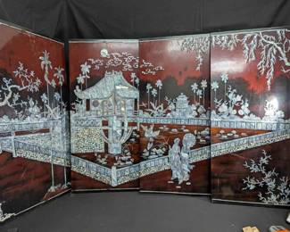 OM177Vintage Asian Mother Of Pearl Lacquer Screen