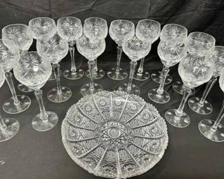 OM135Vintage Moser Bohemian Cut Glass Stemware And Pinwheel Starburst Platter