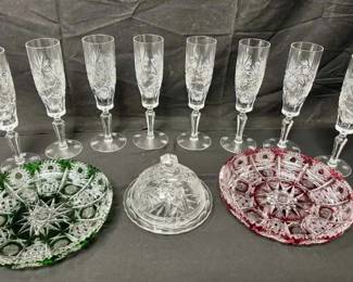 OM154Vintage Moser Czech Bohemian Cut Crystal Flutes, Platters,  Butter Dish