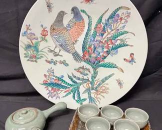 OM302Vintage Chinese Porcelain Artisan Hand Marked Enamel Bird Platter, Pale Green Crackle Glaze Teapot