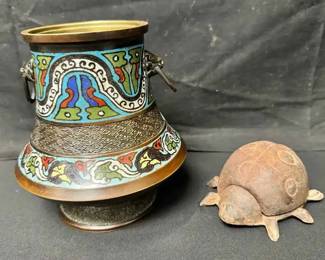 OM129Japanese Meiji Period Champlev Enameled Bronze Censor And Cast Iron Lady Bug Key Holder