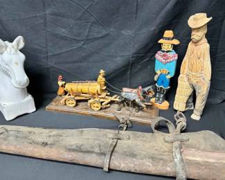 OM355Vintage Western Folk Art Carved Wood Cowboys, German Beer Wagon, Rifle Scabbard