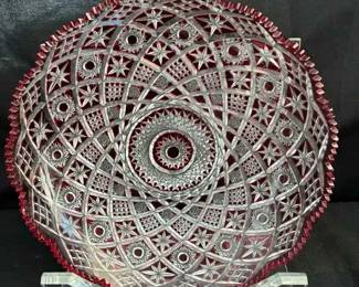 OM225Vintage Moser Cranberry Clear To Cut Crystal Platter With Acrylic Stand