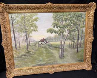 OM254Vintage S. Dobreff Signed Landscape Oil Painting Ornate Gold Wood Frame