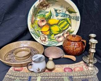 OM327Vintage Hand Painted Bird Charger, Bean Pot, Stoneware Bowls, Brass Candlesticks  Mats