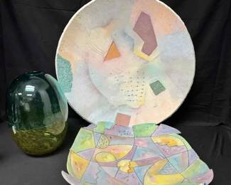 OM291Abstract Art PapierMche Disc, Blown Glass Vase, Studio Pottery Platter