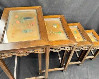 OM175Set Of 4 Vintage Chinese Wood Nesting Tables with Inlaid Jade Shadow Box Tops
