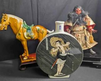 OM270Traditional Musha Ningyo Warrior, Tang Dynasty Horse, Samurai Ceramic Moon Flask