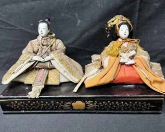 OM118Antique Japanese Hina Dolls Emperor  Empress Pair Gofun Meiji Taisho Era Stand