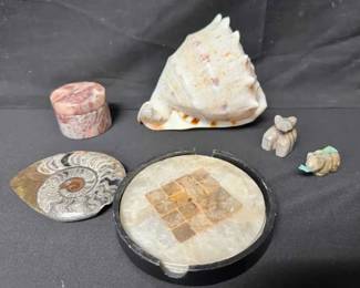 OM371Ammonite Fossil, Conch Shell, Stone Carvings, Trinket Box