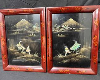 OM276Vintage Japanese Abalone Shell Inlay Lacquer Framed Art