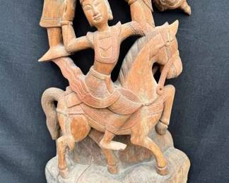 OM189Vintage Burmese Carved Wood Statue Horse  Rider Daily Warrior Nat Asian