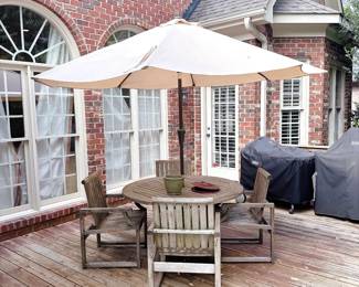 Wooden Patio Dining Set - Chairs, Table, and Umbrella
