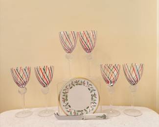 Lenox Holiday Dimension Porcelain Plate and Knife - Eastern Hand Blown Art Glass Goblets