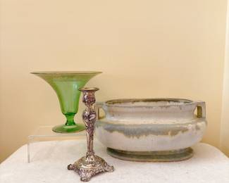 Vintage Green Glass Flared Vase - Ceramic Cachcepot Planter