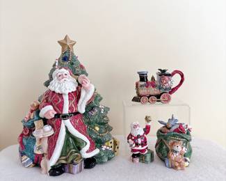 Fitz & Floyd Christmas Tree Santa Cookie Jar - Fitz & Floyd Xmas Train Engine Creamer - Fitz & Floyd Holiday Toy Bag Lidded Sugar - Fitz & Floyd Santa Salt Shaker