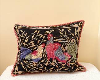 Handmade Needlepoint Throw Pillow Roosters