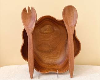 Vintage Hand Carved Acadia Wood Salad Bowl Set