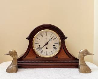 Vintage Solid Brass Duck Head Bookends Mid Century Hollywood Regency Mallard - Howard Miller Worthington Mantel Clock