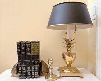 Hollywood Regency Style Brass Pineapple Table Lamp - Brass Candlestick - Hollywood Regency Solid Brass Shell Bookends - Great Books of the Western World 1-5