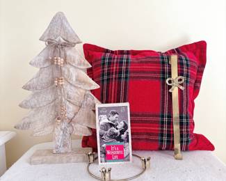 Rustic Wooden Christmas Tree Figurine - Plaid Pillow -