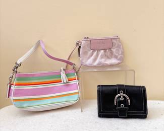 Vintage COACH Y2K Hampton Multicolor White Striped Canvas Demi Mini Shoulder Bag - Vintage Coach Signature C Pleated Wristlet - Vintage Coach Soho Black Leather Folding Wallet