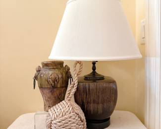 Brown Glazed Table Lamp - Rope Knot Decor - Olive Green Glazed Ceramic Vase