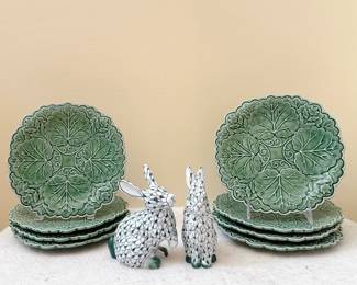 Green Leaf Majolica Plates - Vintage Andrea by Sadek Hand-Painted Porcelain Rabbit Figurines