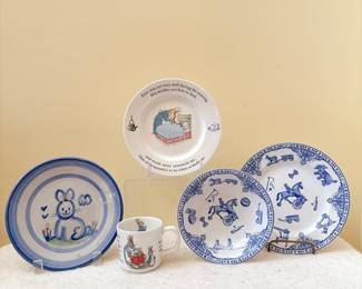 M. A. Hadley Bunny Rabbit Blue Plate - Wedgwood Peter Rabbit Beatrix Potter Child's Plate and Mug Set - Spode Edwardian Child Collection Blue and White Porcelain ABC Alphabet Plate and Bowl