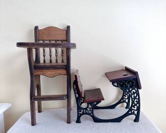 Vintage Wooden Dollhouse High Chair and Desk