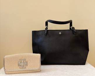 Tory Burch Black Leather Tote - Tory Burch Straw Woven Textured Clutch