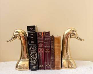 Pair VTG Large MCM Solid Brass Mallard Duck Head Bookends Hollywood Regency - Vintage Books