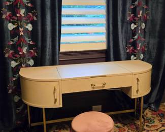 Anthropologie Embroidered Curtains, Pink Velvet Stool w/ Storage, , Anthropologie Sonnet Vanity Desk