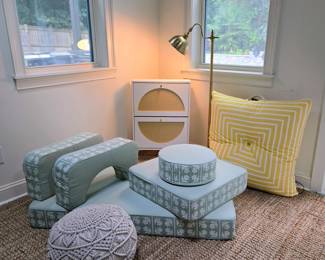 Julia Berolzheimer Modular Sofa, Rattan Shoe Organizer, Brass Gooseneck Floor Lamp, Macrame Pouf