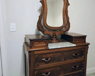 Victorian Carved Walnut Marble-Top Dresser with Mirror