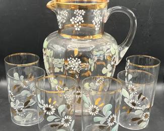 Hand-painted Glass Lemonade Pitcher with (6) Tumblers