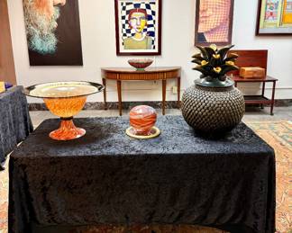 IMPORTANT art glass and pottery. Oil on canvas gallery pieces.