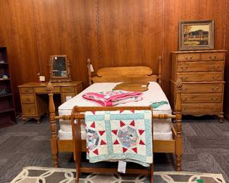 Vintage walnut for post full-size bed, wood quilt rack, quilts.