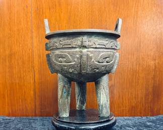Vintage 9.5 inch Chinese bronze ding tripod ritual vessel